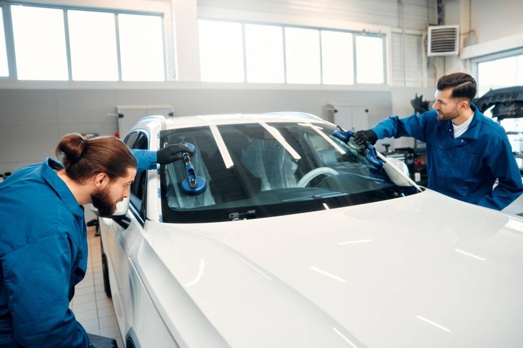 a,professional,mechanic,changes,a,windshield,on,a,car,in